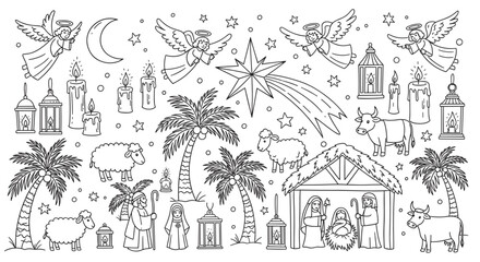 Christmas nativity scene elements in a simple line art style. Features the holy family, star of bethlehem, angels, and animals. A cute doodle set for coloring pages or holiday design