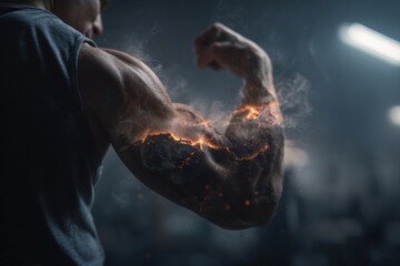 Bodybuilder flexing his arm with fiery glowing energy bursting across the muscle, dramatic lighting and intense atmosphere conveying strength and power