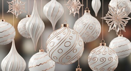 Elegant white and gold christmas ornaments hanging, creating a festive and luxurious atmosphere for the holiday season