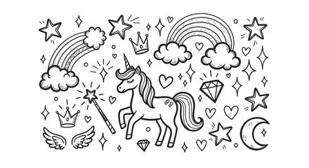 Naklejka premium Cute unicorn and magic doodle elements collection in a hand drawn sketch style. Set of fantasy icons with rainbow, star, heart and crown for kids coloring or stickers