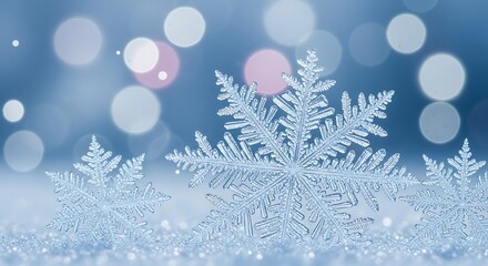 Delicate snowflakes on a shimmering blue background, capturing the serene beauty of winter and the holiday season