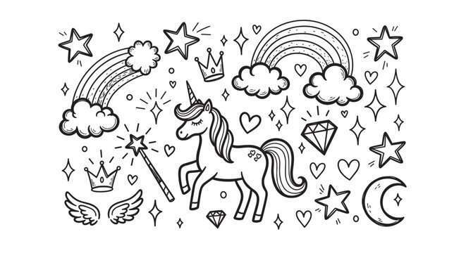 Cute unicorn and magic doodle elements collection in a hand drawn sketch style. Set of fantasy icons with rainbow, star, heart and crown for kids coloring or stickers