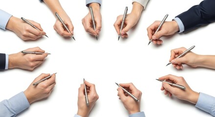Collection of Diverse Hands Holding Pens ,Writing Concept on White Background with Silver Pens and Soft Lighting