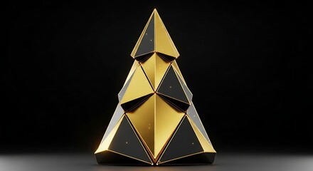 A modern geometric christmas tree in gold and black, a stylish and minimalist holiday decoration on a dark background