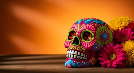 Vibrant day of the dead sugar skull adorned with colorful flowers