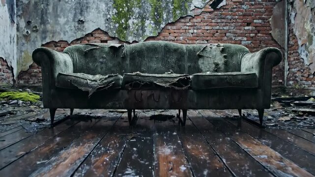 couch vintage - Moss-streaked, tattered velvet sofa sits centered on a wet, weathered wooden floor in a crumbling room with exposed brick, peeling plaster, and scattered debris. Faint green molds
