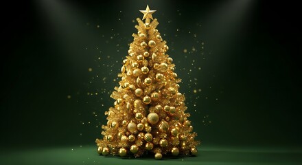 A golden christmas tree adorned with ornaments, standing in the spotlight against a dark green background, festive and luxurious