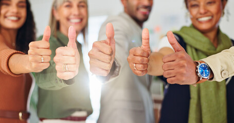 Business, hands and people with thumbs up in office for vacancy success, group vote and approval....