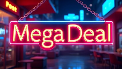 Mega deal sale advertising sign glowing brightly in vibrant pink blue neon light at shopping center. Concept for great price and limited time offer.