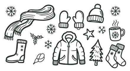 Fototapeta premium Hand drawn collection of winter clothing and cozy seasonal items. Christmas holiday doodle icon set with a scarf, jacket, mittens, and snowflakes for creative design