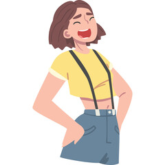 Happy Young Woman Laughing Joyfully With Arms Akimbo Wearing Yellow Crop Top Blue Denim Overalls Against A White Background With Pixelated Art Style