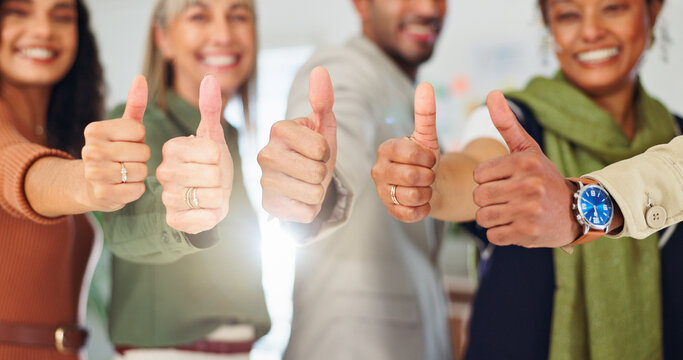 Business, hands and people with thumbs up in office for vacancy success, group vote and approval. HR team, hiring committee and yes emoji at workplace for candidate feedback, job opportunity or flare