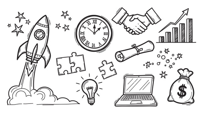Hand drawn business doodle icon set for startup and success concepts. Collection of sketch elements like rocket, money bag, handshake and growth chart for creative projects