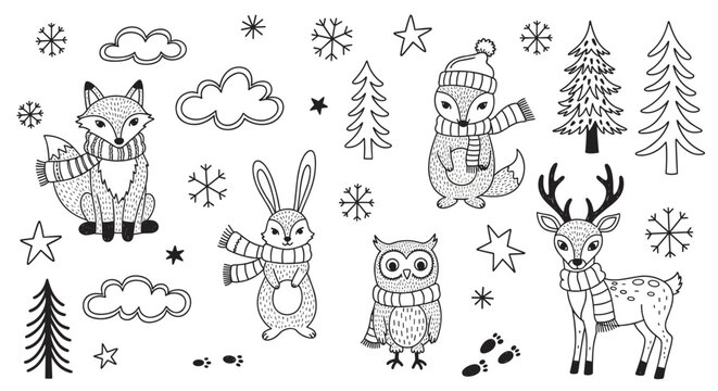 Set of cute winter woodland animals in doodle style. Christmas collection with fox, deer, owl and rabbit wearing scarves. Hand drawn holiday characters for children's coloring pages