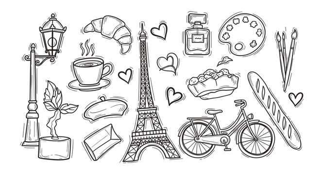 Hand drawn collection of paris symbols and french culture icons in a doodle style. Sketch set with eiffel tower, croissant, coffee, and bicycle for travel or romantic design