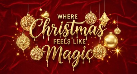 A festive christmas background with golden ornaments and the text where christmas feels like magic on a red velvet backdrop