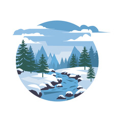 Winter Mountain Landscape with River and Pine Trees Vector Illustration