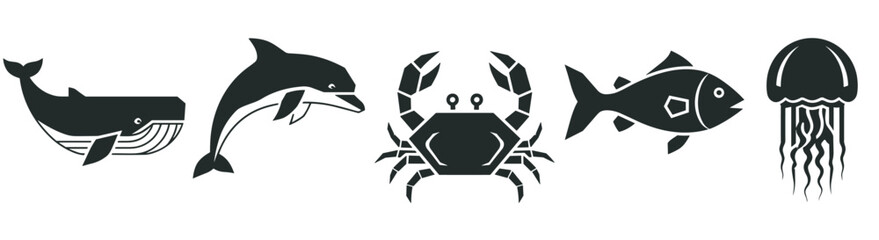 Obraz premium Collection of marine life icons in a simple black silhouette style. Includes a whale, dolphin, crab, fish, and jellyfish for logo design or web interface elements