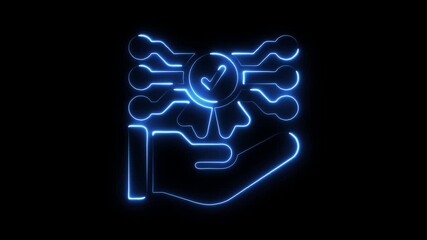 Glowing blue neon hand holding abstract circuit board with checkmark symbol signifying approval verification security