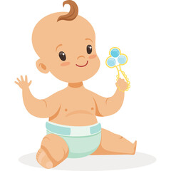 Happy Baby in Diaper Sitting and Playing With Rattle Toy Joyful Expression and Waving Hand Soft Lighting with Transparent Background