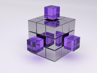 Abstract 3D structure of chrome cubes with translucent purple glass blocks on white background