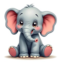 Obraz premium cute cartoon baby elephant sitting with big eyes and pink ears. cheerful expression illustration design. perfect for kid book storytelling