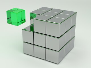 Abstract 3D structure of chrome cubes with a floating translucent green glass block element