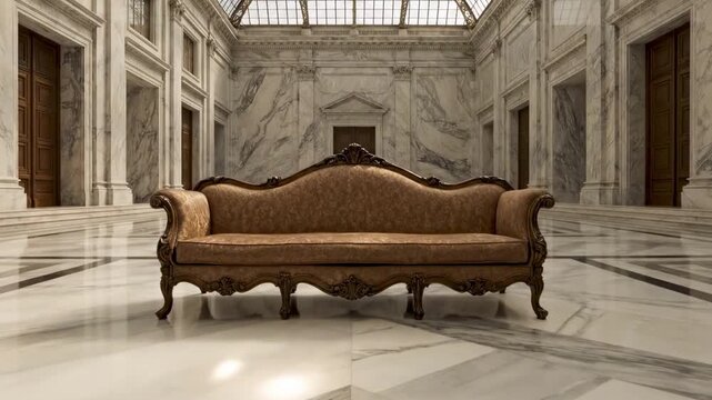 couch vintage - Ornate carved settee centered in a vast marble hall beneath a glass-domed ceiling, flanked by panelled doors; polished floors mirror the elegant symmetry and serene grand interior