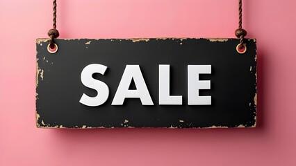 Sale retail sign hanging by ropes on bright pink wall. Marketing banner showing large discount promotion