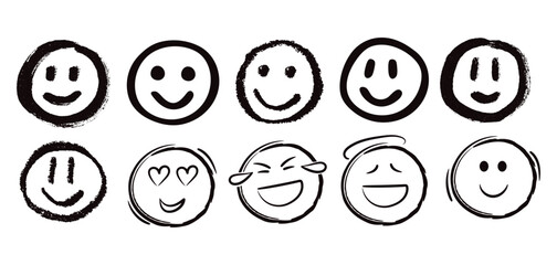 Hand drawn face smile icon line people face emotions set in doodle scribble pencil marker style hand drawn. Grunge Face Emoji Icon Set. Grunge Vector Emoticons.