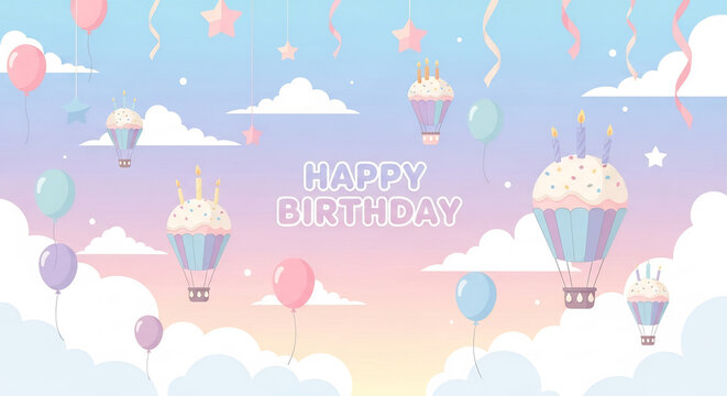 Pastel happy birthday background with cupcake air balloon and cloud for party celebration isolated on transparent background