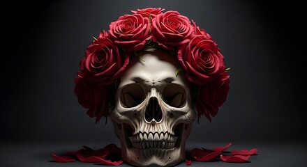 Obraz premium Macabre beauty skull adorned with deep red roses against a dark background
