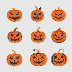 Halloween pumpkin collection. Scary and spooky pumpkins collection. Jack o lantern clipart. 