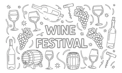 Wine festival doodle set with various winemaking elements. Hand drawn collection includes grapes, bottles, glasses, barrels and corkscrews for an event invitation or menu design
