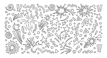 Hand drawn doodle pattern with festive celebration elements. Abstract line art design featuring fireworks, stars, and confetti. Perfect for party invitations or event backgrounds
