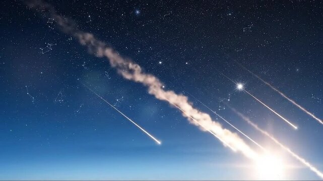8-second cinematic wide shot of multiple shooting stars streaking across a crystal-clear night sky filled with bright constellations. Deep blue gradient horizon, subtle haze, ultra-sharp celestial rea