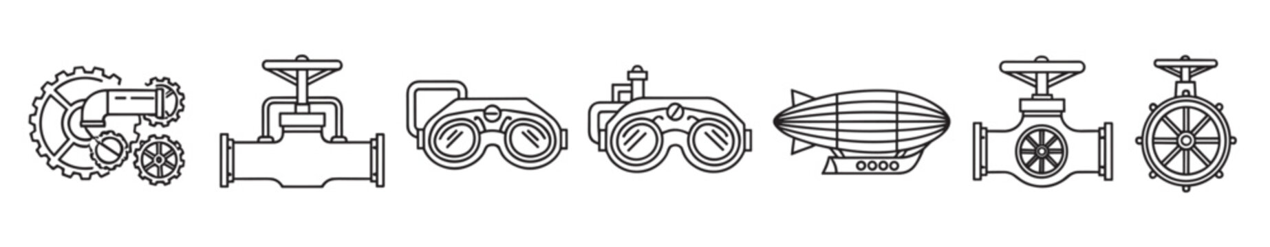 Collection of steampunk line art icons for retro futuristic design projects. Set of vintage industrial and mechanical elements including gears, pipes, goggles and a zeppelin