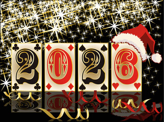 Christmas 2026 casino poker cards with santa claus hat, vector illustration