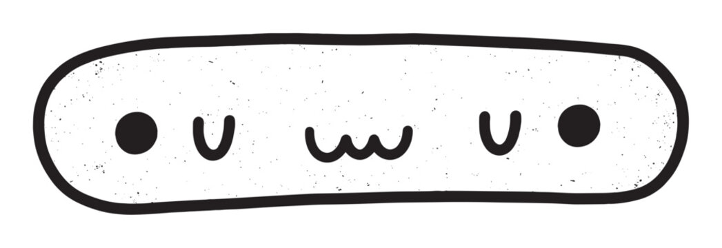 Kawaii kaomoji face icon with a distressed grunge texture. Hand drawn uwu emoticon symbol for internet culture, social media posts, and cute character design