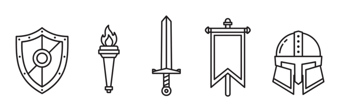 Collection of ancient warrior outline icons for history or fantasy themes. Minimalist line art symbols including a shield sword helmet torch and banner for web design