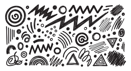 Obraz premium Hand drawn collection of abstract shapes and doodle elements. Creative scribble design assets for modern graphic projects or retro memphis style patterns