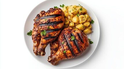 Juicy grilled chicken thighs with crispy skin served with seasoned roasted potatoes and fresh herbs on a white plate for a hearty meal presentation