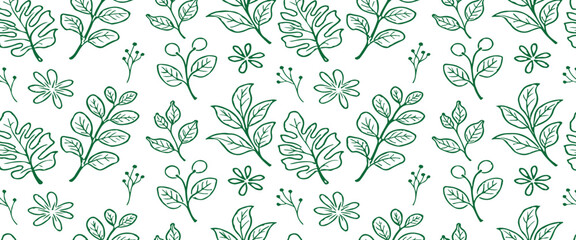 Delicate Seamless Design of Hand-Drawn Green Outlines, Featuring Various Leaves, Berries, and Floral Elements on a White Background.
