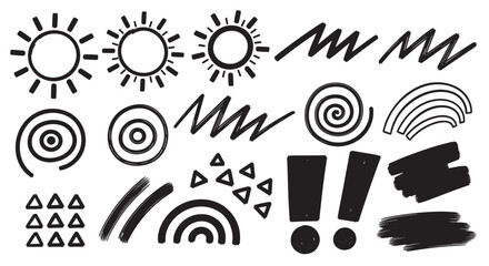 Obraz premium Set of hand drawn doodle elements in a minimalist style. Abstract black ink brush strokes, scribbles, and shapes like suns, rainbows, and spirals for creative projects