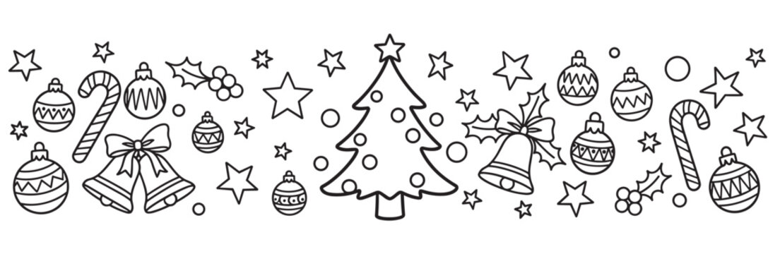 Christmas doodle banner with festive holiday icons. Hand drawn line art collection with tree, ornaments, bells and stars for a coloring page or seasonal decoration