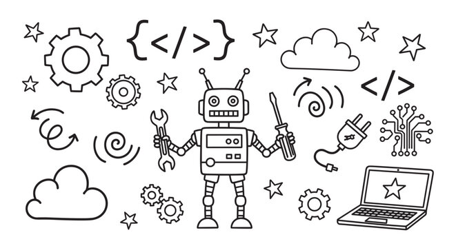 Doodle collection of technology and programming icons with a robot character. Artificial intelligence, software development, and engineering concepts in a simple line art style