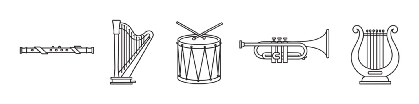 Musical instruments icon set in a simple line art style. Collection of classic orchestra equipment including flute, harp, drum, trumpet and lyre for web and app design