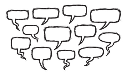 Obraz premium Collection of hand drawn speech bubbles in a sketchy doodle style. Blank comic book text boxes for communication and dialogue. Chat and thought bubble icons for design elements