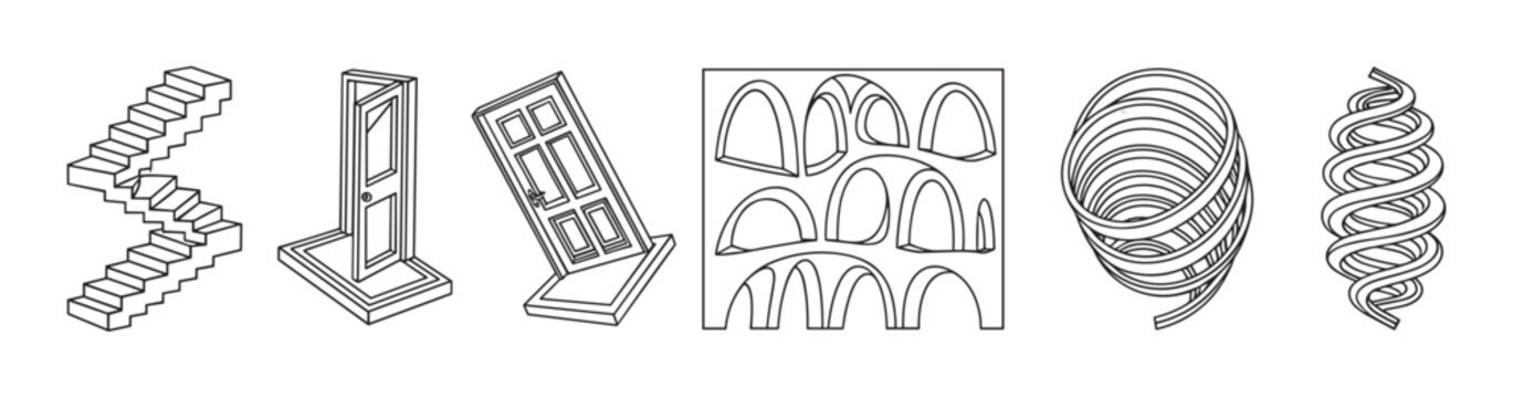 Collection of impossible figures and optical illusions in a minimalist line art style. Paradoxical geometric shapes including endless stairs, surreal doors, arches and spirals