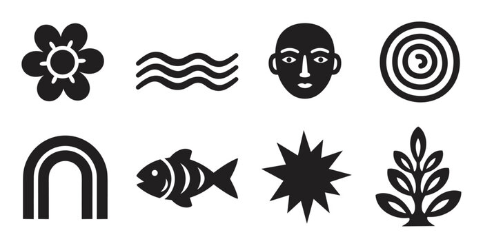 Collection of abstract minimalist icons representing nature and universal symbols. Modern geometric glyphs include a flower, fish, face, rainbow, and starburst for design